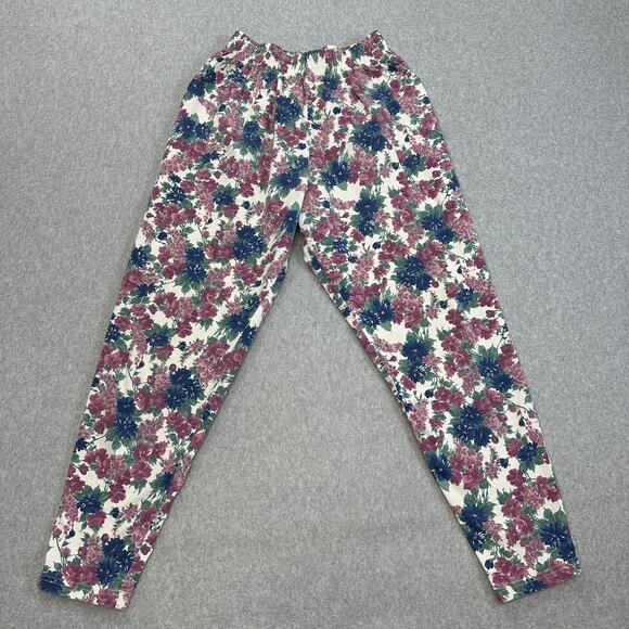 VTG Floral Tapered Stretch Pant WMNS L Purple/Blue Elastic Waist High Rise Boho - Picture 1 of 9